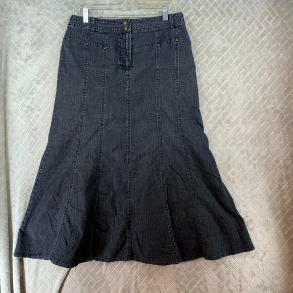 Larry Levine Women 10 Denim Midi Skirt Faded Black Flare Western Coastal Cowgirl - Picture 1 of 16